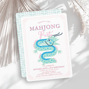 Convite Jade VerdeDragão Rosa Chinoiserie Aniversário Mahj