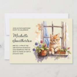 Convite Janela de Flores Gatinho Amarelo Aniversário