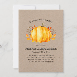 Convite Janta de Ação de Graças. Abóbora rústica de amizad