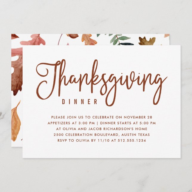 Convite Janta de Ação de Graças| Branco com Folhas de outo (Frente/Verso)