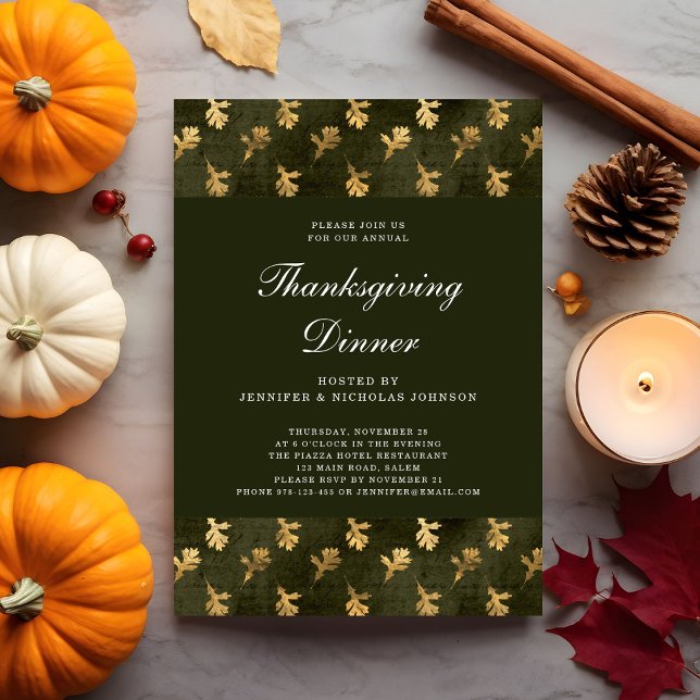 Convite Janta de Ação de Graças da Elegante Queda Verde (Elegant Green Fall Leaves Thanksgiving Dinner Invitation)