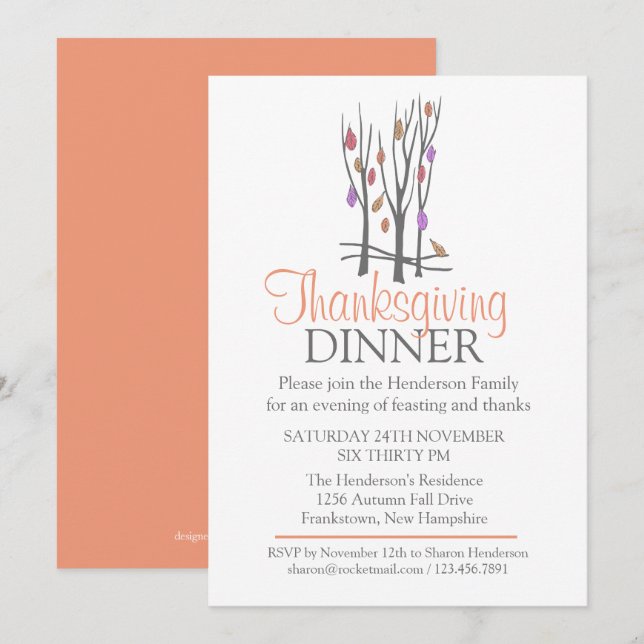 Convite Janta de Ação de Graças de Árvore (Frente/Verso)