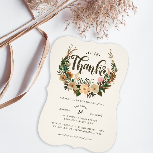 Convite Janta de Ação de Graças Fall Floral Wreath (You're invited to a Thanksgiving celebration like no other. This dinner will be a moment of sharing.)
