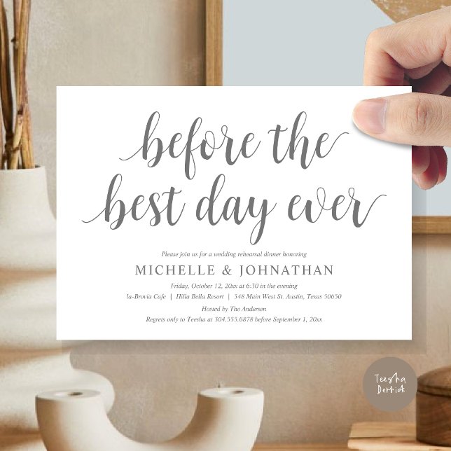 Convite Janta De Ensaio De Casamento, Antes Do Melhor Dia  (Before the best day ever, wedding rehearsal dinner invitation card, PDF, in Dark Grey)