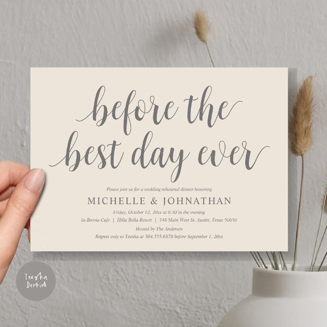 Convite Janta De Ensaio De Casamento, Antes Do Melhor Dia  (Before the best day ever, wedding rehearsal dinner invitation card, PDF, in Cream Grey)