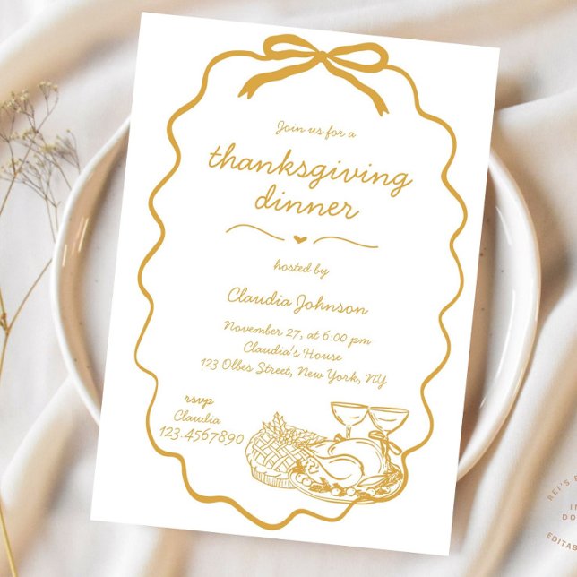 Convite Janta Moderna de Ação de Graças Desenhada à Mão Wh (Thanksgiving Dinner, Whimsical Thanksgiving, Hand Drawn, Thanksgiving Invitation, Scribble Invitatio)