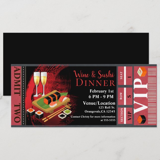 Convite Jantar Almoço de Vinho e Sushi Bilhete para Evento (Frente/Verso)