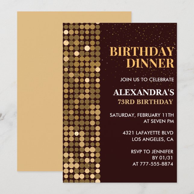 Convite Jantar Brilho Glam Preto Dourado 73º aniversário (Frente/Verso)