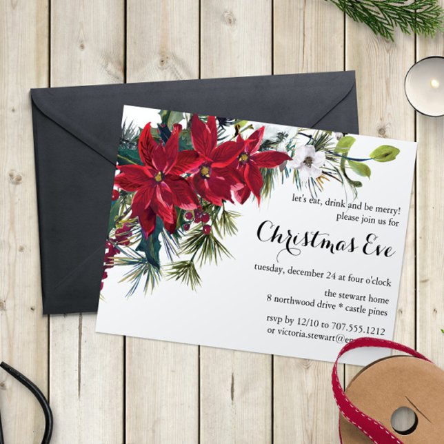 Convite Jantar da Véspera de Natal com Poinsettia em Aquar (Criador carregado)