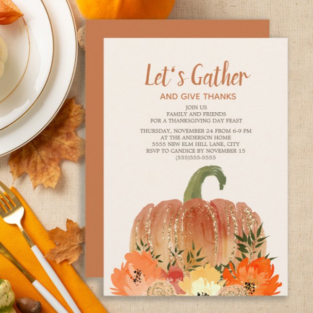 Convite Jantar de Ação de Graças Abóboras Laranjas Dourado (Autumn/fall pumpkins Thanksgiving dinner invitation)