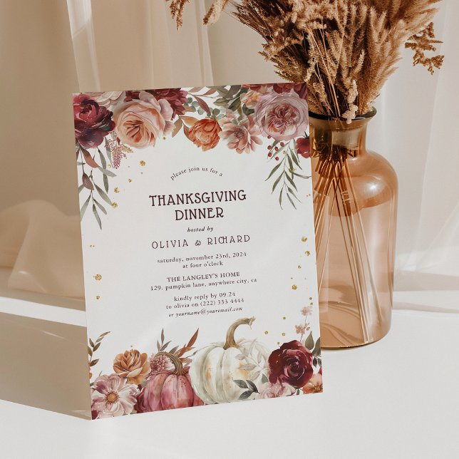 Convite Jantar de Ação de Graças Boho Pumpkin Autumn Bloom (Criador carregado)