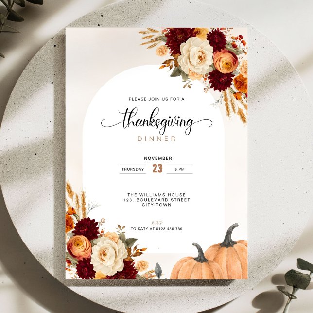 Convite Jantar de Ação de Graças com Abóboras Florais de O (Autumn colored flowers thanksgiving dinner invitation)