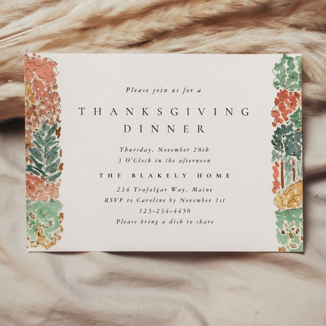 Convite Jantar de Ação de Graças com Árvores de Outono em  (Watercolor Autumn Trees Thanksgiving Dinner Invitation)