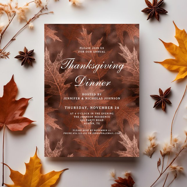 Convite Jantar de Ação de Graças com Folhas de Outono Eleg (Elegant Fall Leaves Thanksgiving Dinner Invitation)