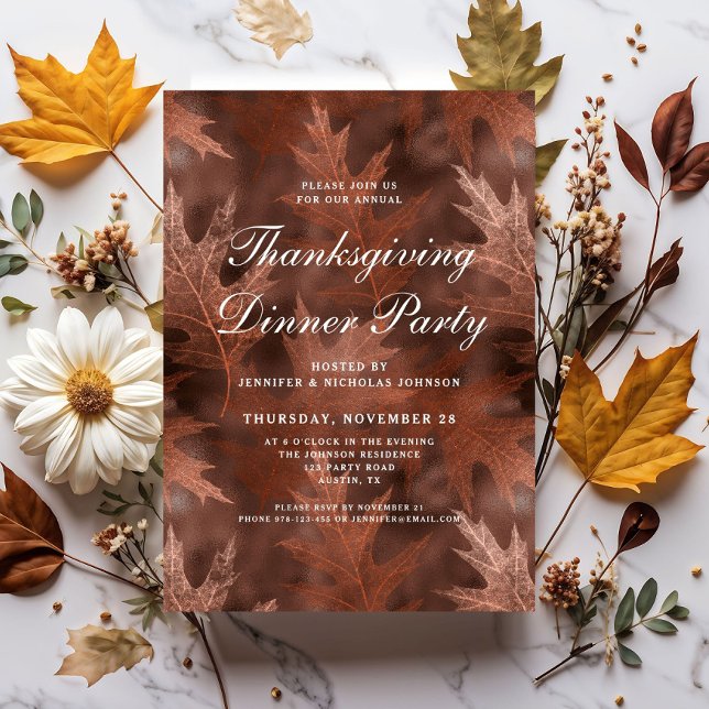 Convite Jantar de Ação de Graças com Folhas de Outono Eleg (Elegant Fall Leaves Thanksgiving Dinner Party Invitation)