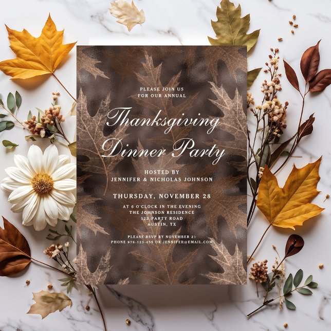 Convite Jantar de Ação de Graças com Folhas de Outono Rúst (Rustic Fall Leaves Thanksgiving Dinner Party Invitation)