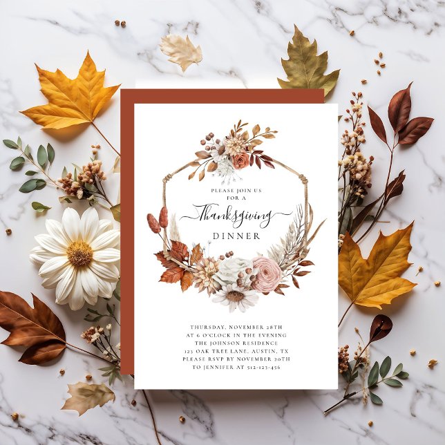 Convite Jantar de Ação de Graças com Folhas de Outono Rúst (Rustic Fall Leaves Thanksgiving Dinner Invitation)