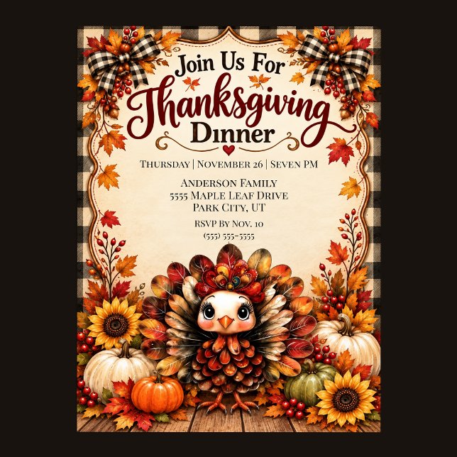 Convite Jantar de Ação de Graças com Peru Fofo (Cute Turkey Thanksgiving Dinner Invitation)