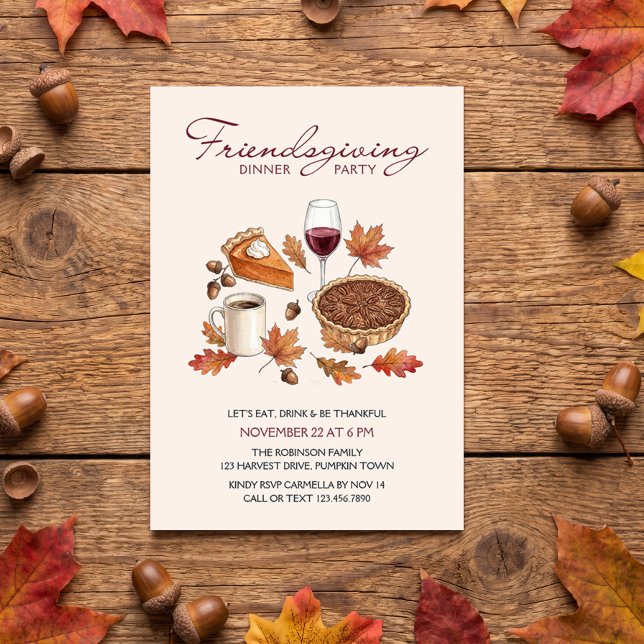 Convite Jantar de Ação de Graças com Torta e Folhas Rústic (Friendsgiving dinner party invitation by Darling & May)