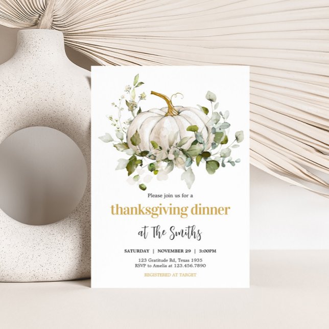 Convite Jantar de Ação de Graças de Outono com Abóbora Bra (White Pumpkin Thanksgiving Dinner Party Invitation)