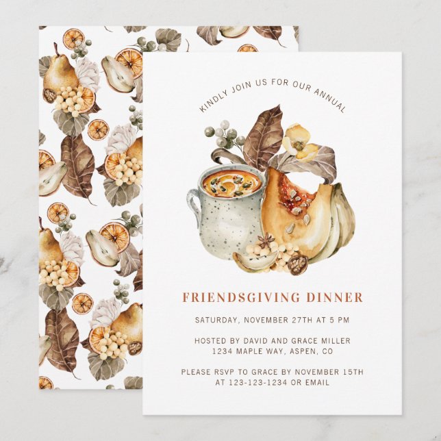 Convite Jantar de Ação de Graças de outono em aquarela (Frente/Verso)