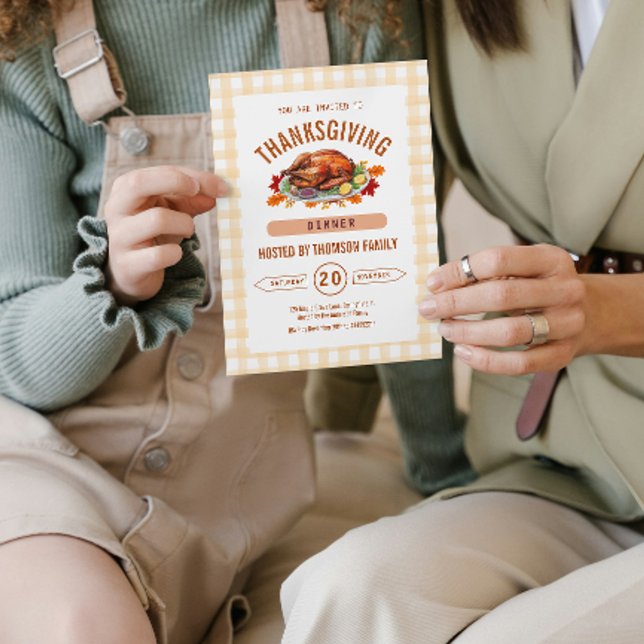 Convite Jantar de Ação de Graças de Peru Rústico Gingham O (Pumpkin Rustic Thanksgiving Dinner Fall Watercolor Invitation)