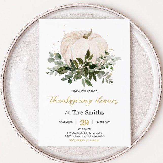 Convite Jantar de Ação de Graças do Abóbora Branca (White Pumpkin Fall Thanksgiving Dinner Party Invitation)