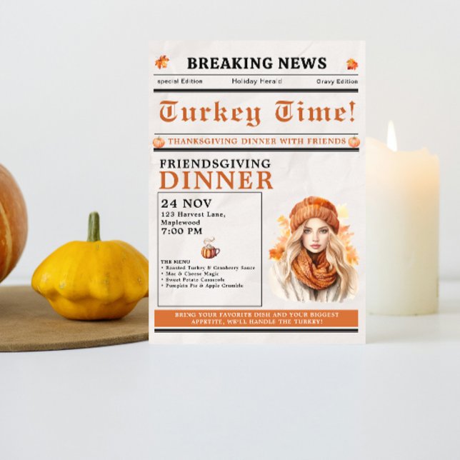 Convite Jantar de Ação de Graças dos Amigos no Outono (Newspaper Friendsgiving Dinner Thanksgiving Fall Invitation simple minimalist pumpkin funny unique)