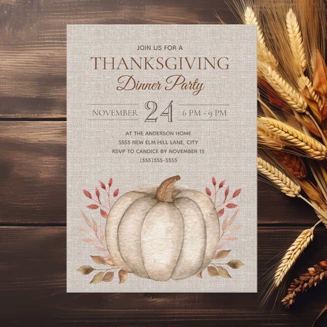 Convite Jantar de Ação de Graças em Linho de Abóbora Rústi (Rustic white pumpkin on linen-like background Thanksgiving Dinner invitation)
