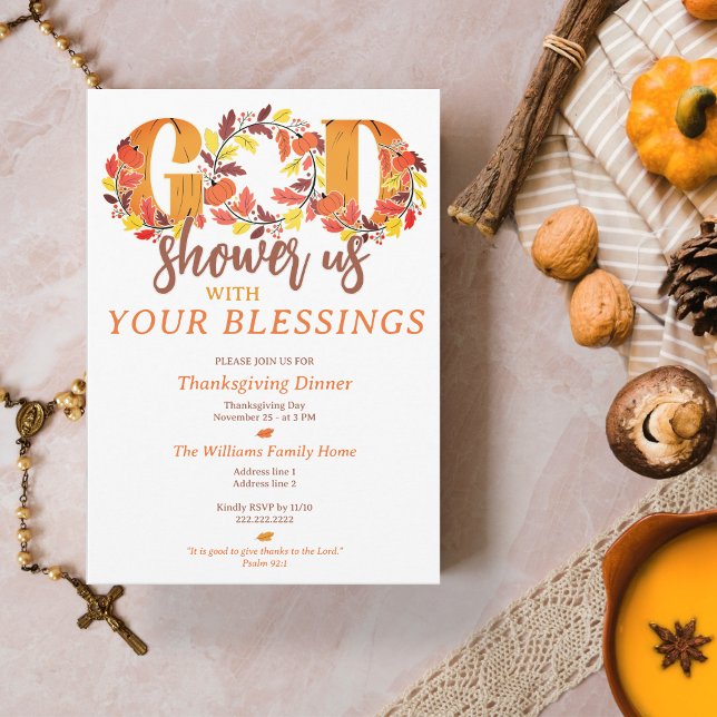 Convite Jantar de Ação de Graças Religioso Citação da Bíbl (Religious Thanksgiving Dinner Faith Bible Quote Invitation Prayer Shower Your Blessings)
