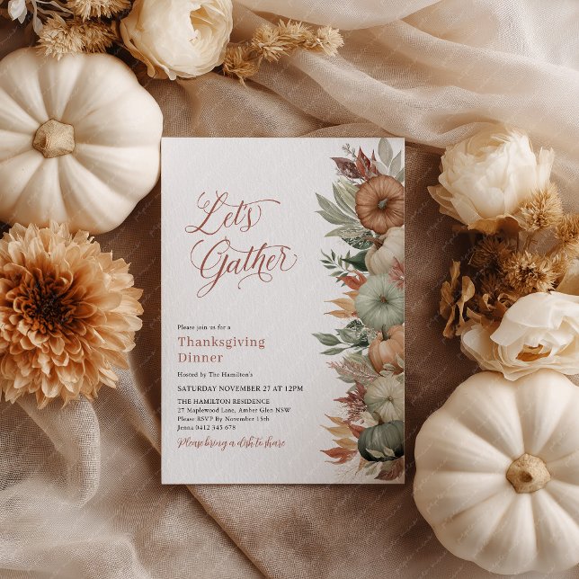 Convite Jantar de Ação de Graças Rústico Abóbora Vamos nos (Let's Gather! Thanksgiving Dinner invitation with pumpkins, fall leaves and script font)