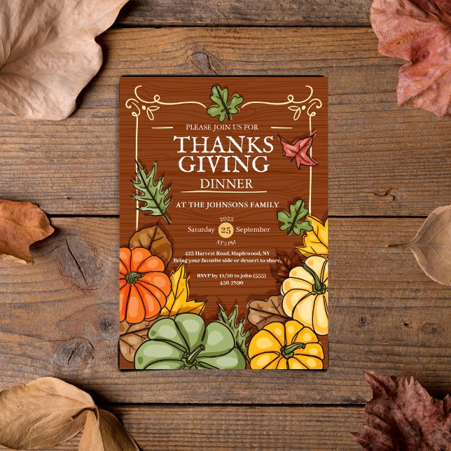 Convite Jantar de Ação de Graças Rústico Caprichoso Abóbor (Whimsical Rustic Thanksgiving Dinner Pumpkin Fall Invitation)