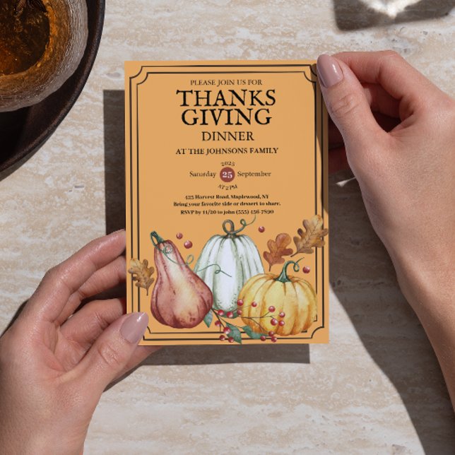 Convite Jantar de Ação de Graças Rústico de Abóbora Outono (Pumpkin Rustic Thanksgiving Dinner Fall Watercolor Invitation)