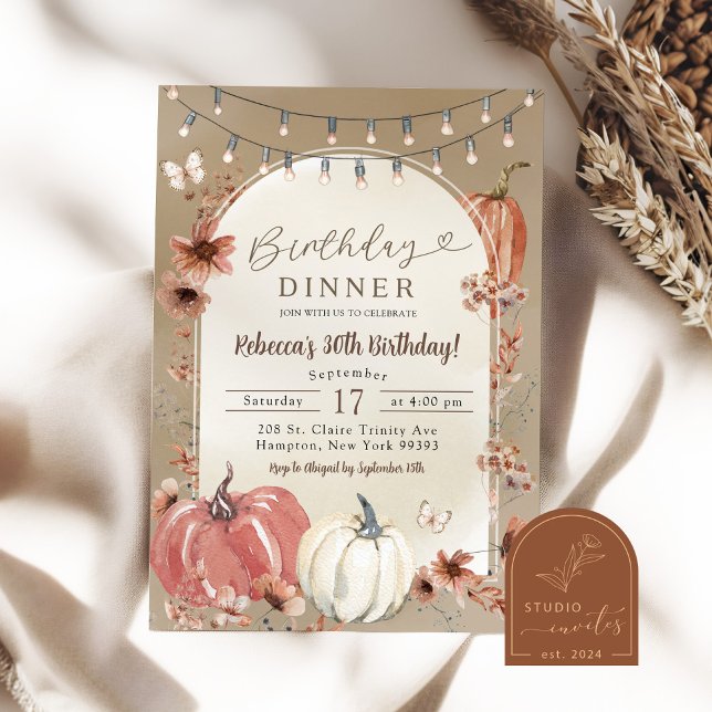 Convite Jantar de Aniversário Abóbora Flor Silvestre Boho (Criador carregado)
