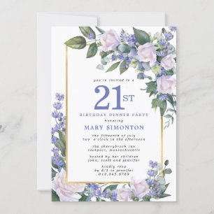 Convite Jantar de Aniversário de 21 Anos Azul Branco Doura