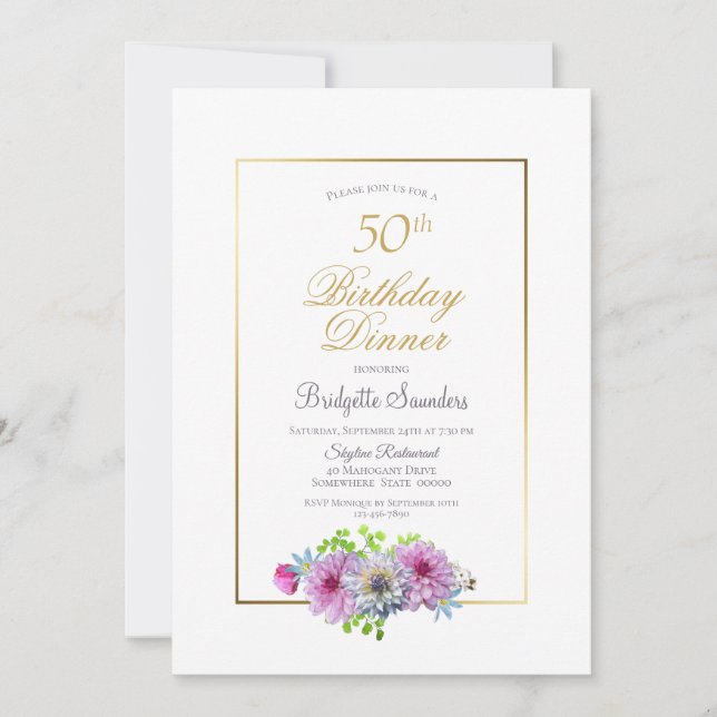 Convite Jantar de Aniversário de 50 anos Rosa Azul Floral  (Frente)