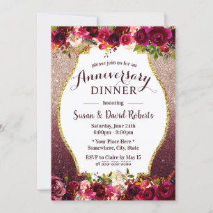 Convite Jantar de Aniversário de Casamento Burgundy Floral