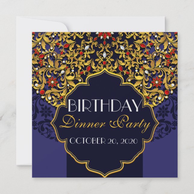 Convite Jantar de Aniversário de Luxo com Joias em Azul, V (Frente)