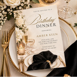 Convite Jantar de Aniversário Formal Preto e Dourado Elega