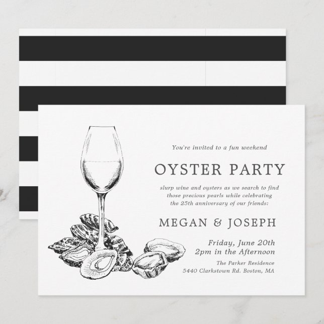 Convite Jantar de Aniversário Oyster Pearl | Listras Preta (Frente/Verso)