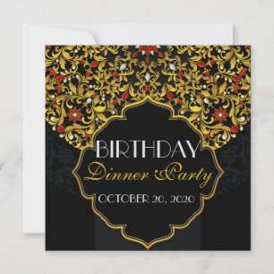Convite Jantar de Aniversário Preto Vermelho Dourado Luxuo