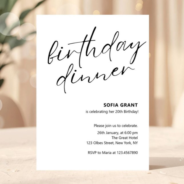 Convite Jantar de Aniversário Unisex Simples Preto e Branc (birthday dinner invitations, adult birthday dinner invites, any age, womens or mens birthday dinner,)