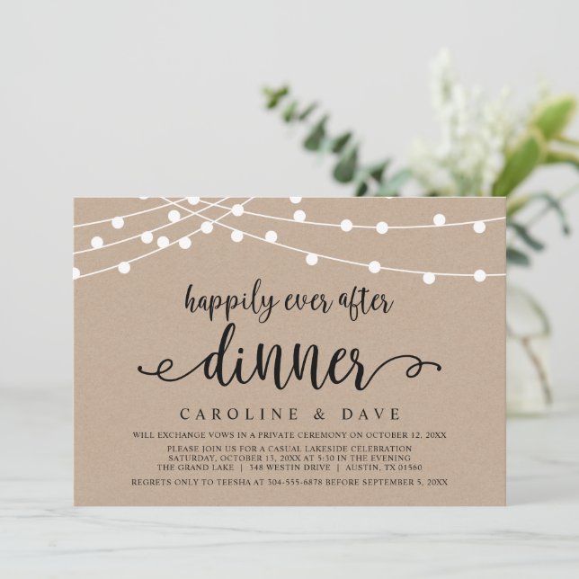 Convite Jantar de Casamento Elopement Felizes para Sempre (Em pé/Frente)