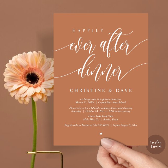 Convite Jantar de Casamento Fugitivo Happily Ever After, C (Happily Ever After Dinner Invitation Card, PDF, Modern Calligraphy Script, in Copper Rust)