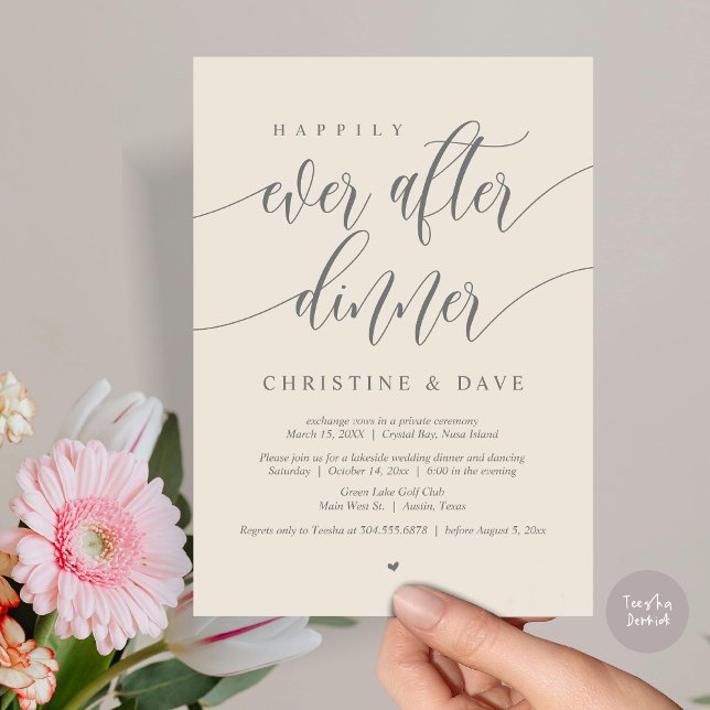 Convite Jantar de Casamento Happily Ever After, Cinza Crem (Happily Ever After Dinner Invitation Card, PDF, Modern Calligraphy Script, in Cream Dark Grey)