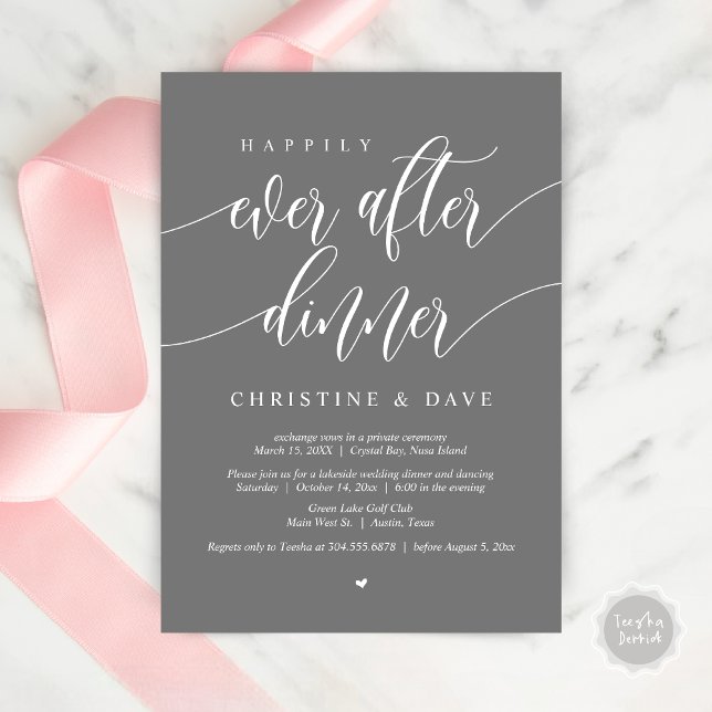 Convite Jantar de Casamento Happily Ever After, Cinza Escu (Happily Ever After Dinner Invitation Card, PDF, Modern Calligraphy Script, in Dark Grey)