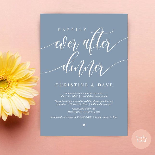 Convite Jantar de Casamento Íntimo Felizes para Sempre, Az (Happily Ever After Dinner Invitation Card, PDF, Modern Calligraphy Script, in Dusty Blue)