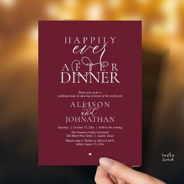 Convite Jantar de Casamento Moody Meriot Felizes para Semp (Wine Red Burgundy Happily Ever After Dinner Modern Script Wedding Invitation Card)