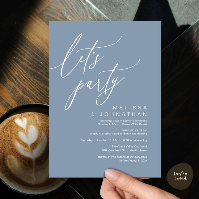 Convite Jantar de Dança de Casamento Romântico, Vamos Fest (Let's Party, Romantic Charm Wedding Dinner Dancing Lunch Brunch Invitation Card PDF Dusty Blue)
