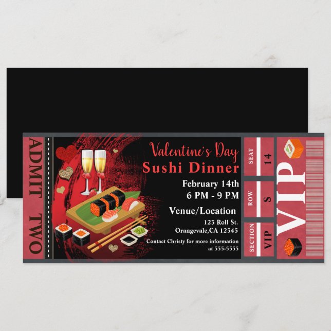 Convite Jantar de Dia dos Namorados Preto Vermelho Sushi F (Frente/Verso)